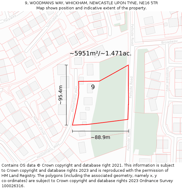 9, WOODMANS WAY, WHICKHAM, NEWCASTLE UPON TYNE, NE16 5TR: Plot and title map