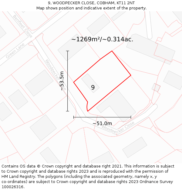 9, WOODPECKER CLOSE, COBHAM, KT11 2NT: Plot and title map