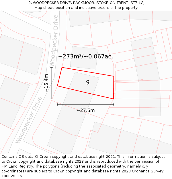 9, WOODPECKER DRIVE, PACKMOOR, STOKE-ON-TRENT, ST7 4GJ: Plot and title map