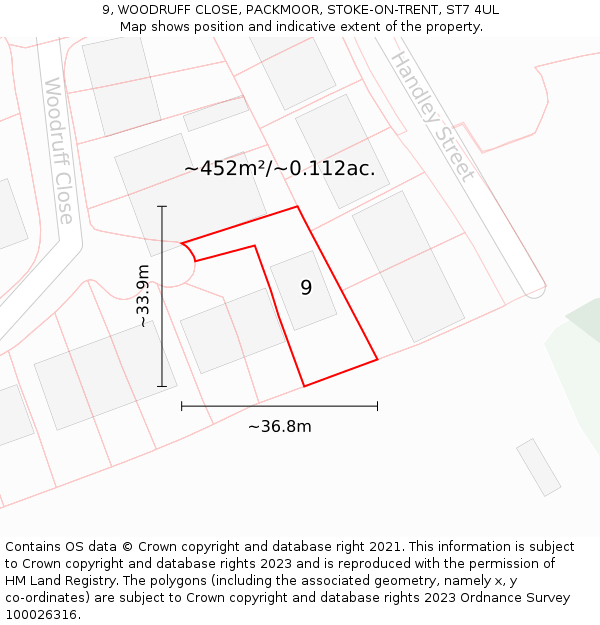 9, WOODRUFF CLOSE, PACKMOOR, STOKE-ON-TRENT, ST7 4UL: Plot and title map