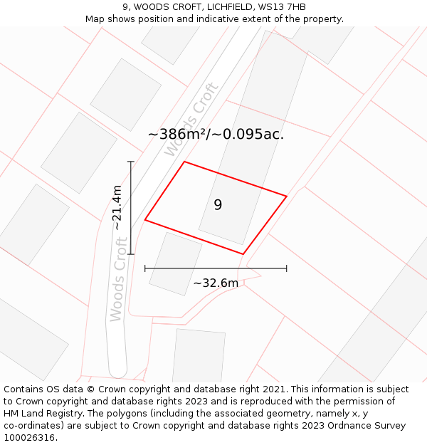 9, WOODS CROFT, LICHFIELD, WS13 7HB: Plot and title map