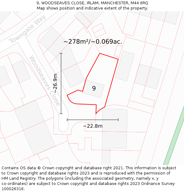 9, WOODSEAVES CLOSE, IRLAM, MANCHESTER, M44 6RQ: Plot and title map