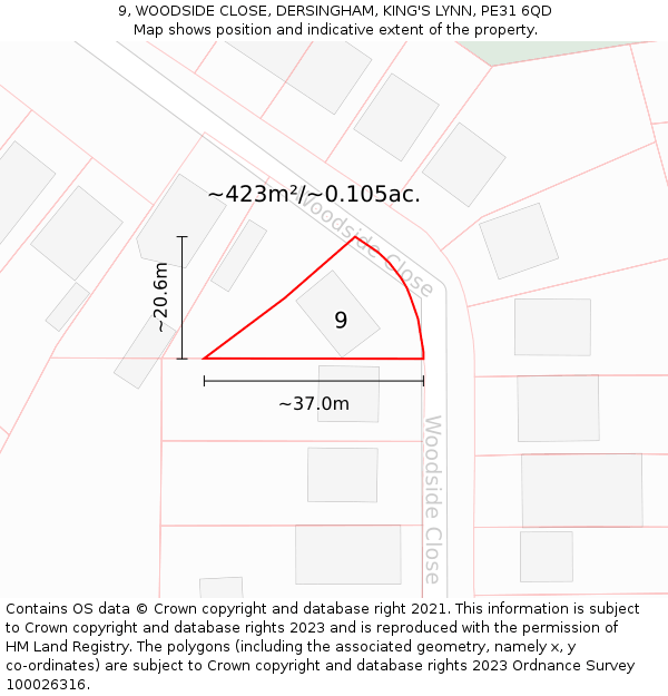 9, WOODSIDE CLOSE, DERSINGHAM, KING'S LYNN, PE31 6QD: Plot and title map
