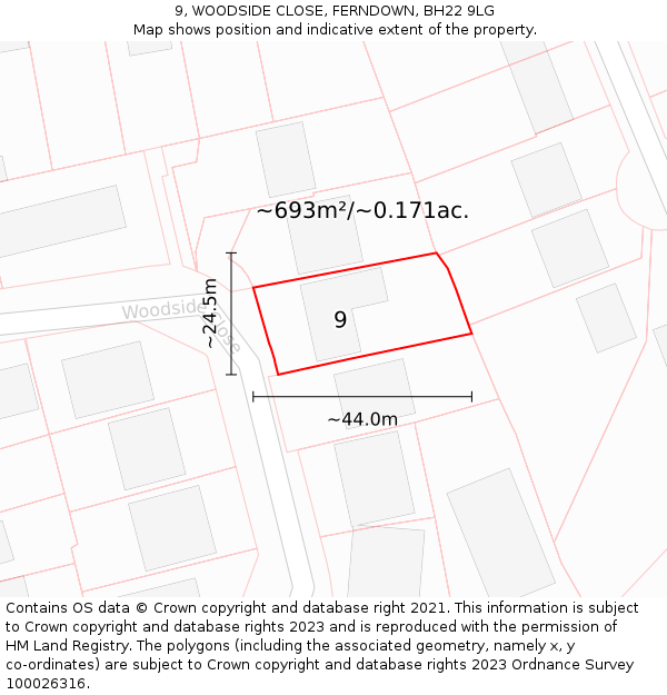 9, WOODSIDE CLOSE, FERNDOWN, BH22 9LG: Plot and title map