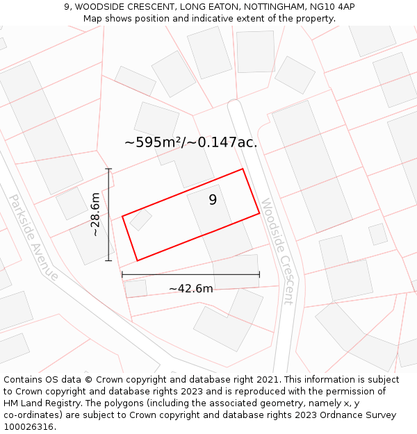 9, WOODSIDE CRESCENT, LONG EATON, NOTTINGHAM, NG10 4AP: Plot and title map