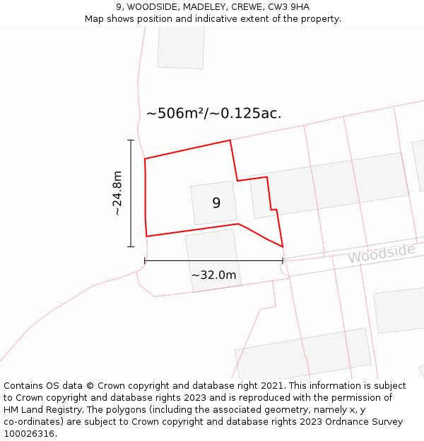 9, WOODSIDE, MADELEY, CREWE, CW3 9HA: Plot and title map