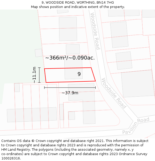 9, WOODSIDE ROAD, WORTHING, BN14 7HG: Plot and title map