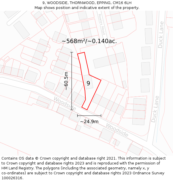 9, WOODSIDE, THORNWOOD, EPPING, CM16 6LH: Plot and title map