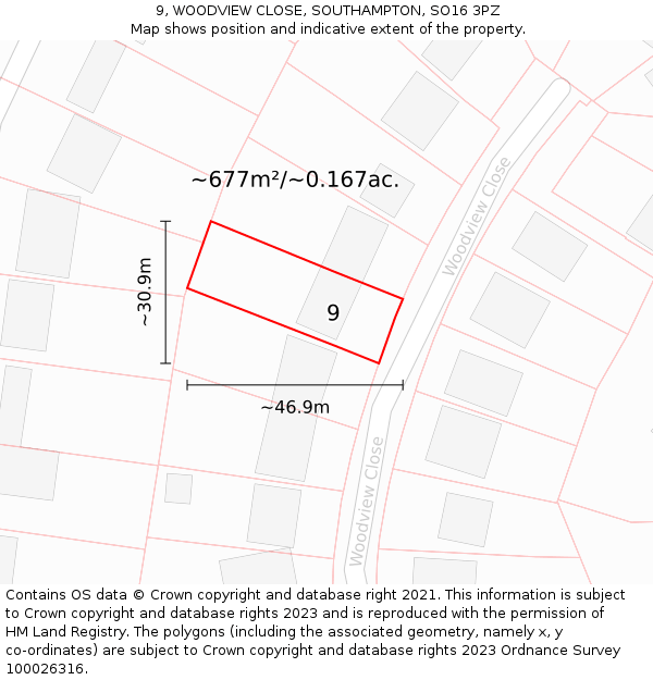 9, WOODVIEW CLOSE, SOUTHAMPTON, SO16 3PZ: Plot and title map