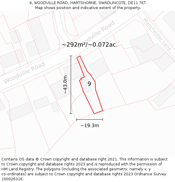 9, WOODVILLE ROAD, HARTSHORNE, SWADLINCOTE, DE11 7ET: Plot and title map