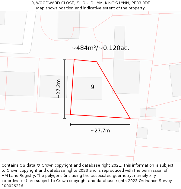 9, WOODWARD CLOSE, SHOULDHAM, KING'S LYNN, PE33 0DE: Plot and title map