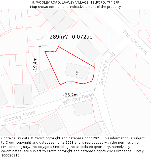 9, WOOLEY ROAD, LAWLEY VILLAGE, TELFORD, TF4 2FP: Plot and title map