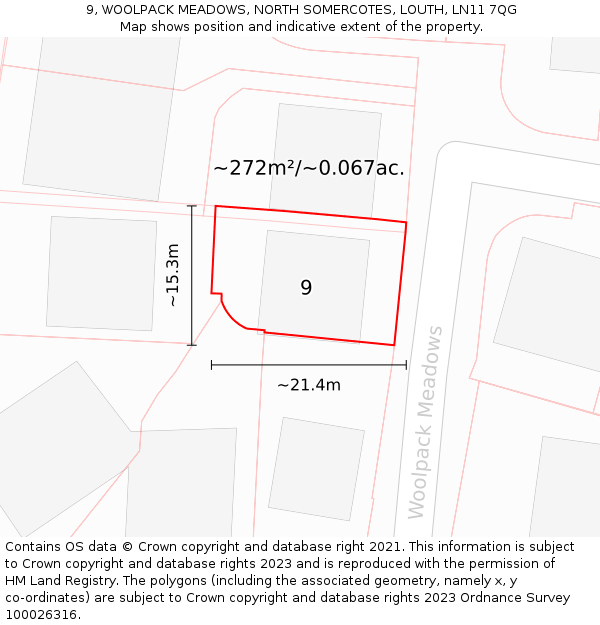 9, WOOLPACK MEADOWS, NORTH SOMERCOTES, LOUTH, LN11 7QG: Plot and title map