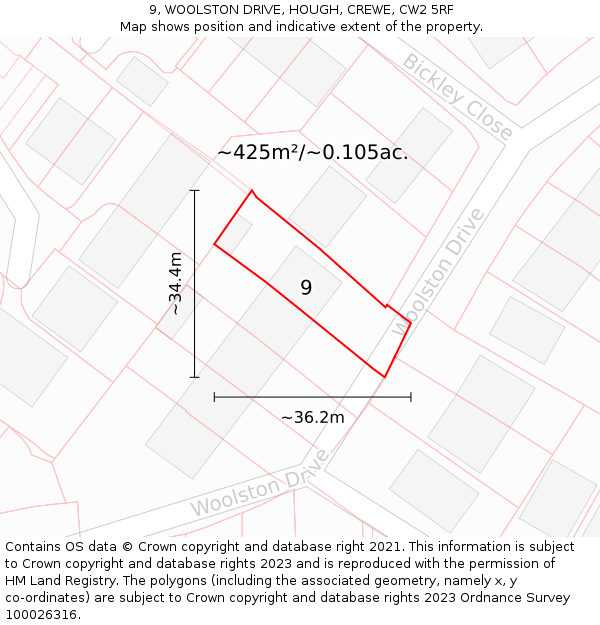 9, WOOLSTON DRIVE, HOUGH, CREWE, CW2 5RF: Plot and title map