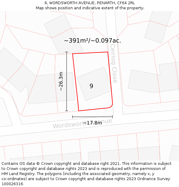 9, WORDSWORTH AVENUE, PENARTH, CF64 2RL: Plot and title map