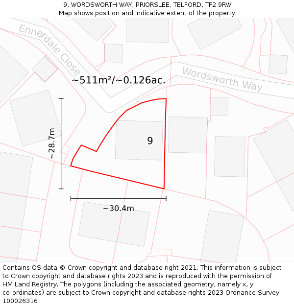 9, WORDSWORTH WAY, PRIORSLEE, TELFORD, TF2 9RW: Plot and title map