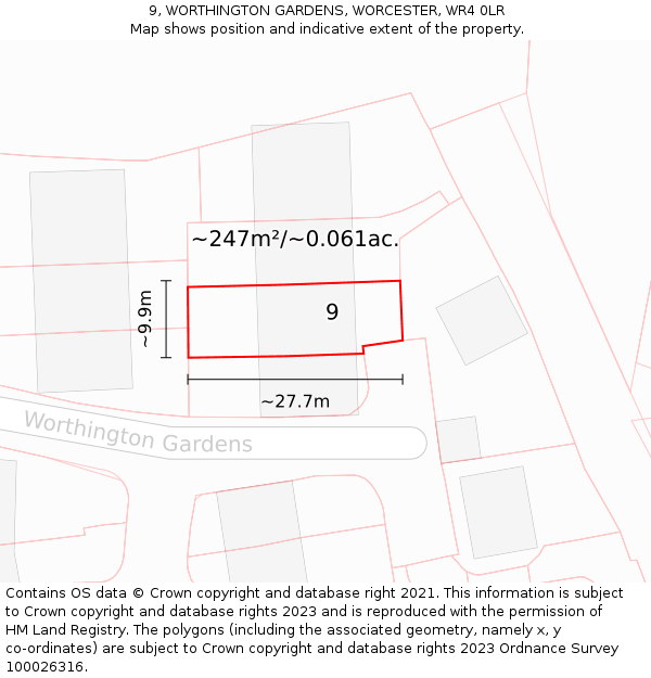 9, WORTHINGTON GARDENS, WORCESTER, WR4 0LR: Plot and title map