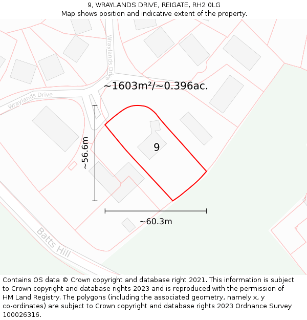 9, WRAYLANDS DRIVE, REIGATE, RH2 0LG: Plot and title map