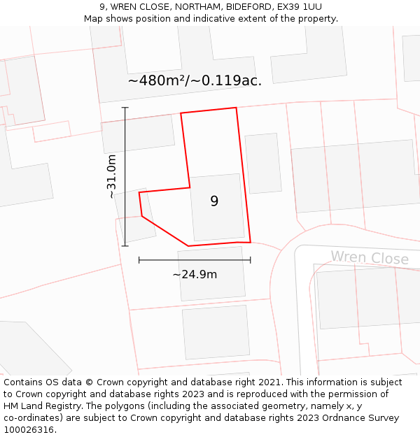 9, WREN CLOSE, NORTHAM, BIDEFORD, EX39 1UU: Plot and title map