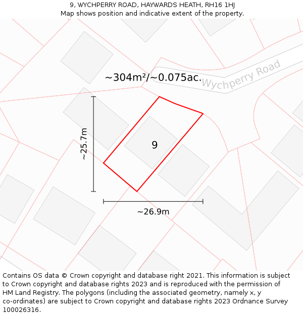 9, WYCHPERRY ROAD, HAYWARDS HEATH, RH16 1HJ: Plot and title map