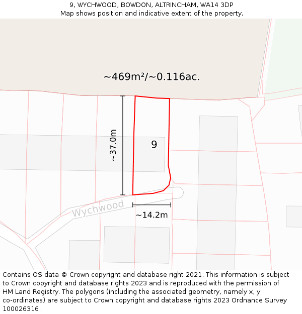 9, WYCHWOOD, BOWDON, ALTRINCHAM, WA14 3DP: Plot and title map