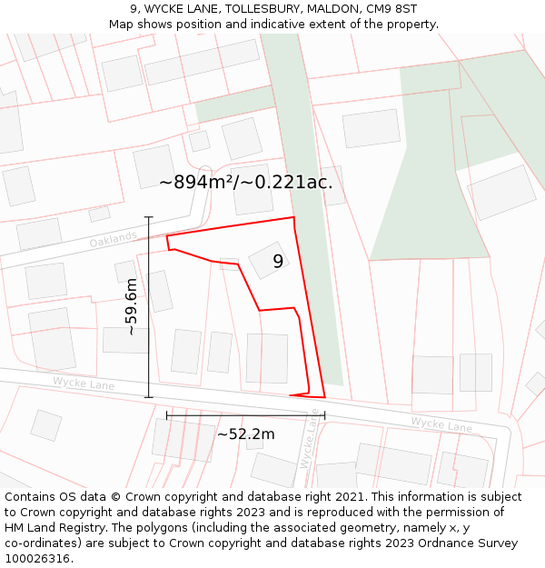 9, WYCKE LANE, TOLLESBURY, MALDON, CM9 8ST: Plot and title map