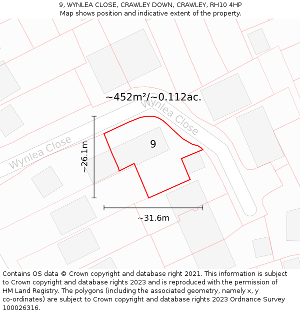 9, WYNLEA CLOSE, CRAWLEY DOWN, CRAWLEY, RH10 4HP: Plot and title map