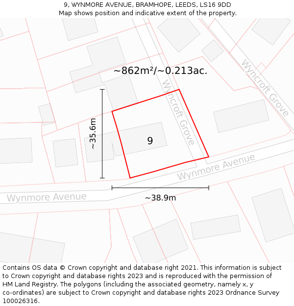 9, WYNMORE AVENUE, BRAMHOPE, LEEDS, LS16 9DD: Plot and title map