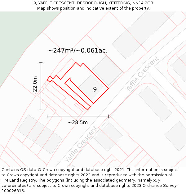 9, YAFFLE CRESCENT, DESBOROUGH, KETTERING, NN14 2GB: Plot and title map