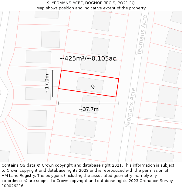 9, YEOMANS ACRE, BOGNOR REGIS, PO21 3QJ: Plot and title map