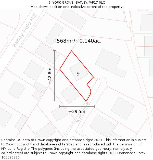 9, YORK GROVE, BATLEY, WF17 0LQ: Plot and title map