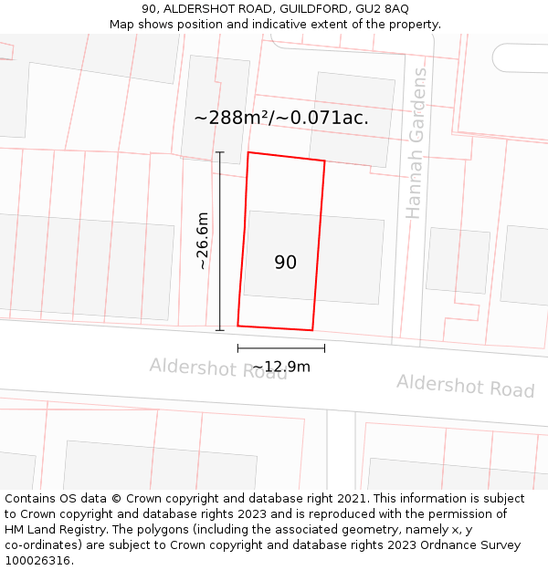 90, ALDERSHOT ROAD, GUILDFORD, GU2 8AQ: Plot and title map