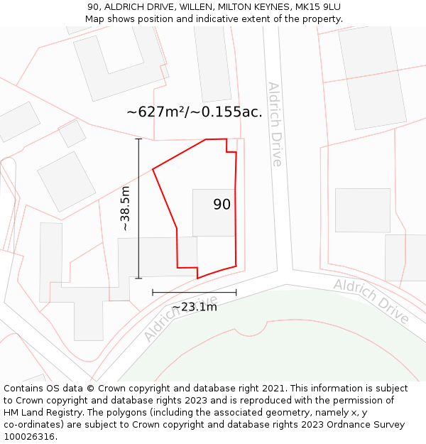 90, ALDRICH DRIVE, WILLEN, MILTON KEYNES, MK15 9LU: Plot and title map