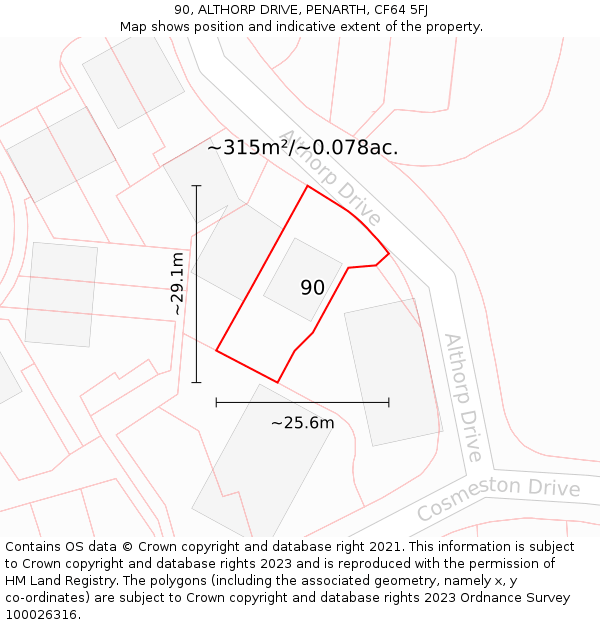 90, ALTHORP DRIVE, PENARTH, CF64 5FJ: Plot and title map