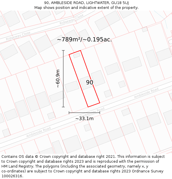 90, AMBLESIDE ROAD, LIGHTWATER, GU18 5UJ: Plot and title map