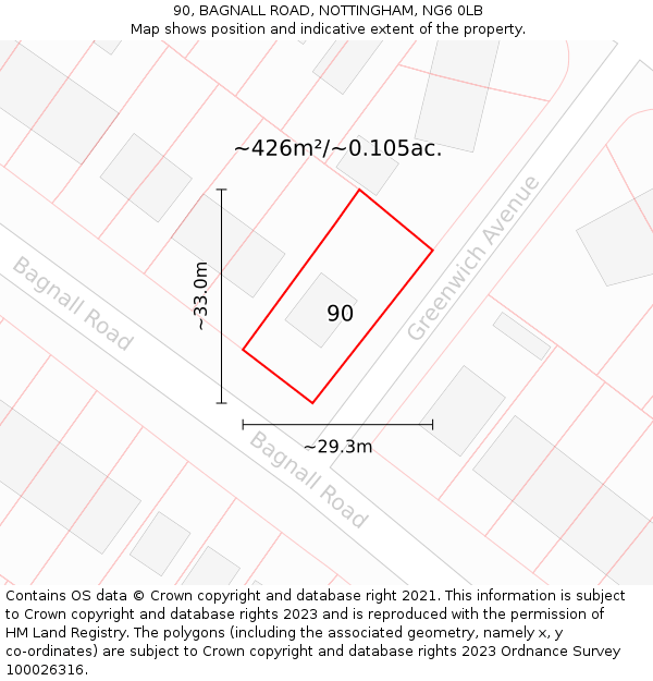 90, BAGNALL ROAD, NOTTINGHAM, NG6 0LB: Plot and title map