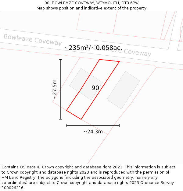 90, BOWLEAZE COVEWAY, WEYMOUTH, DT3 6PW: Plot and title map