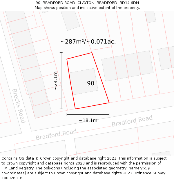 90, BRADFORD ROAD, CLAYTON, BRADFORD, BD14 6DN: Plot and title map