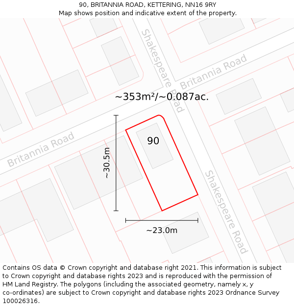 90, BRITANNIA ROAD, KETTERING, NN16 9RY: Plot and title map