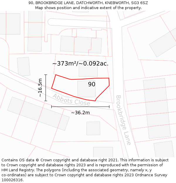 90, BROOKBRIDGE LANE, DATCHWORTH, KNEBWORTH, SG3 6SZ: Plot and title map