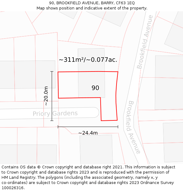 90, BROOKFIELD AVENUE, BARRY, CF63 1EQ: Plot and title map