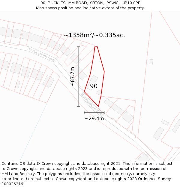 90, BUCKLESHAM ROAD, KIRTON, IPSWICH, IP10 0PE: Plot and title map