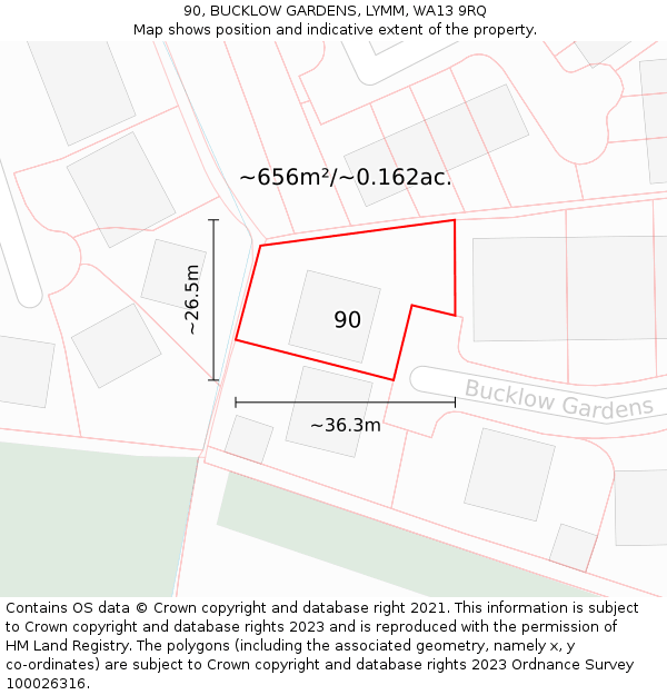 90, BUCKLOW GARDENS, LYMM, WA13 9RQ: Plot and title map