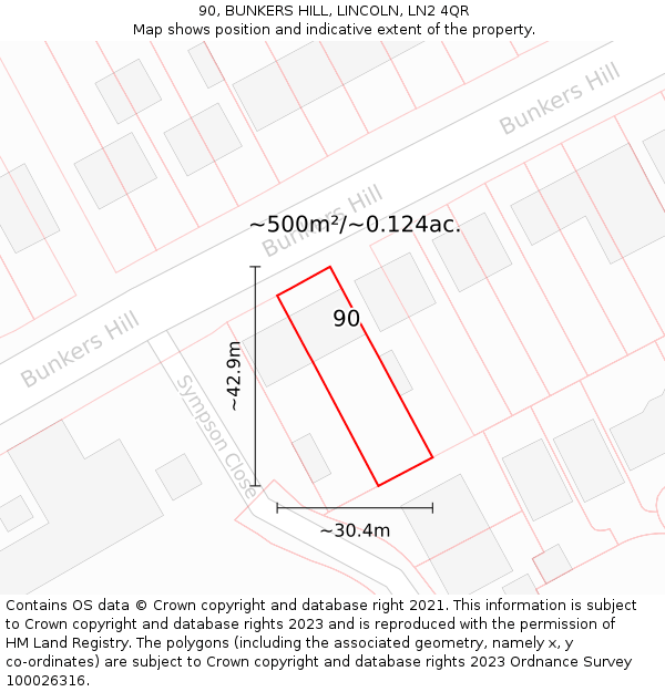 90, BUNKERS HILL, LINCOLN, LN2 4QR: Plot and title map