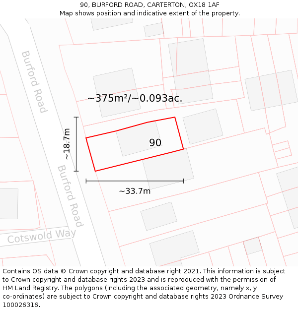 90, BURFORD ROAD, CARTERTON, OX18 1AF: Plot and title map