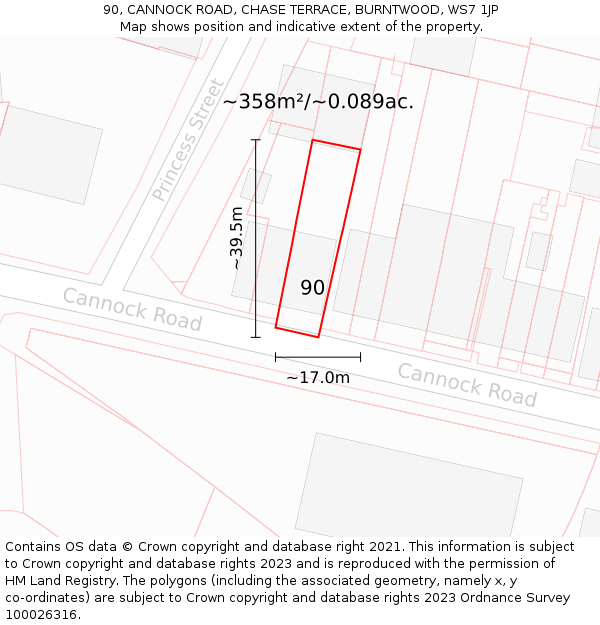 90, CANNOCK ROAD, CHASE TERRACE, BURNTWOOD, WS7 1JP: Plot and title map