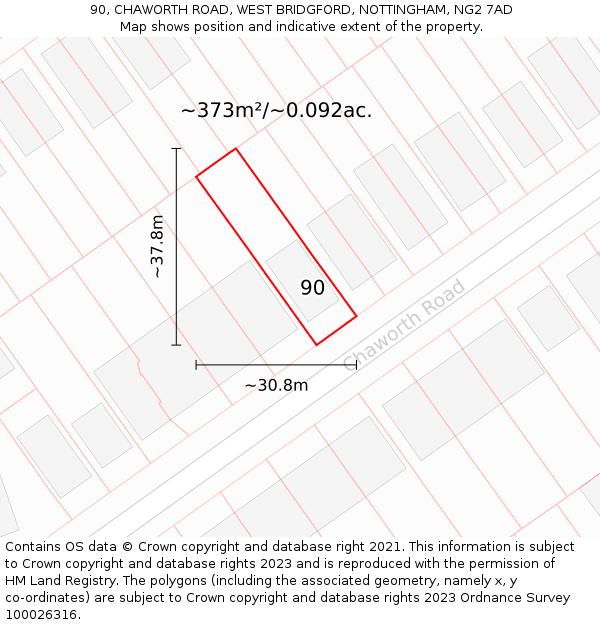 90, CHAWORTH ROAD, WEST BRIDGFORD, NOTTINGHAM, NG2 7AD: Plot and title map