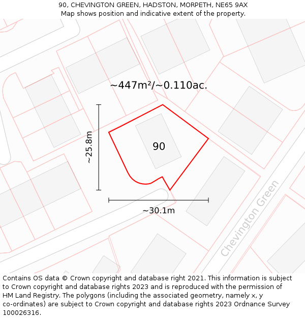 90, CHEVINGTON GREEN, HADSTON, MORPETH, NE65 9AX: Plot and title map