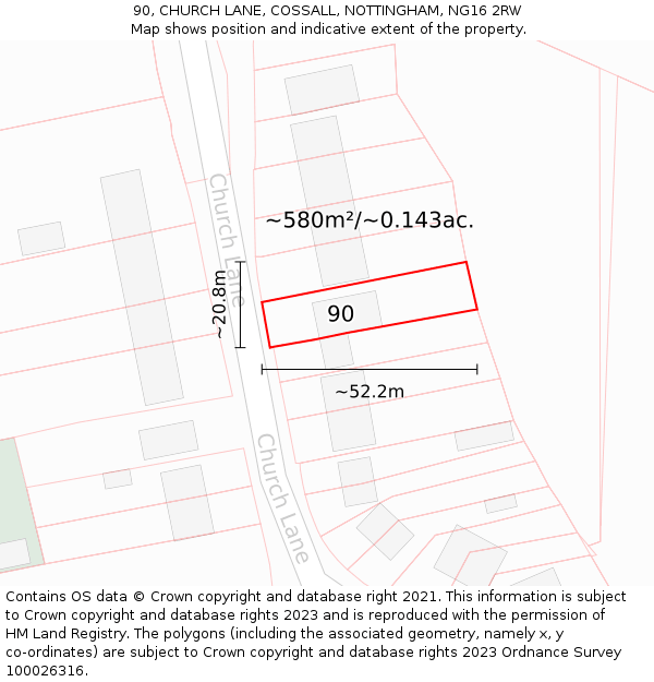 90, CHURCH LANE, COSSALL, NOTTINGHAM, NG16 2RW: Plot and title map