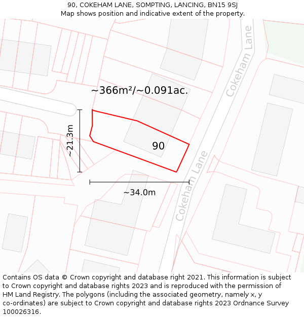 90, COKEHAM LANE, SOMPTING, LANCING, BN15 9SJ: Plot and title map